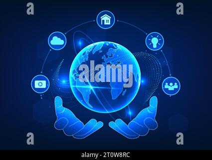 Welttechnologie, zwei Hände, die den Globus zusammen mit Symbolen halten, vermitteln, dass die Technologie Menschen auf der ganzen Welt erreicht. Zugriff auf Communicat Stock Vektor