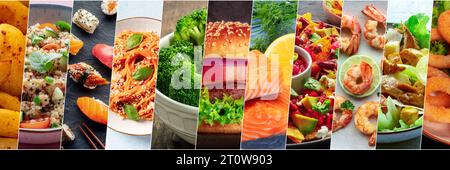 Food Collage-Layout. Eine Auswahl an Gerichten, eine Sammlung für ein Restaurant-Banner. Internationale Küche. Burger, Salat und Teller mit italienischen, mexikanischen und amerikanischen Gerichten Stockfoto