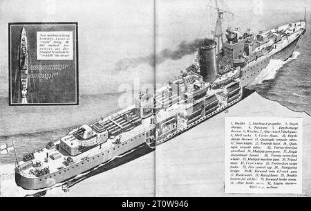 Illustrated Armament Description, britische Zeitung - United Kingdom, Second World war : das Bild ist eine schwarz-weiße Darstellung eines Truppentransportschiffs auf See. Das Schiff, das mit mehreren Decks und einem Schornstein ausgestattet ist, segelt auf dem Meer und hinterlässt eine Spur. Das Bild ist als Collage dargestellt, mit einer kleineren Luftaufnahme des Schiffes in der oberen linken Ecke und Text in der unteren rechten Ecke. Der Text scheint eine Beschreibung des Schiffes und seiner Spezifikationen zu enthalten. Das größere Bild bietet eine Seitenansicht des Schiffes. Stockfoto