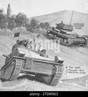 Illustrated Armament Description, britische Zeitung - United Kingdom, Second World war : das Bild ist eine schwarz-weiße Illustration von zwei Panzern auf einem grasbewachsenen Hügel. Die Tanks sind wie folgt beschriftet: Ein 16-Tonnen-Tank mit einer 3-Pfünder-Kanone und 3 Maschinengewehren Ein drahtloser Kreuzerpanzer der Hintergrund besteht aus Bäumen und einer Bergkette. Stockfoto