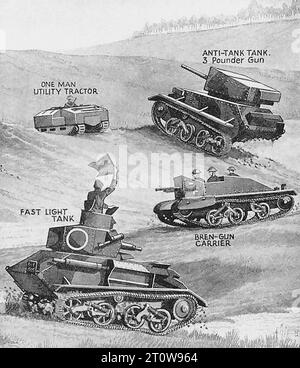 Illustrated Armament Description, British Newspaper - United Kingdom, Second World war : das Bild ist eine schwarz-weiße Illustration von vier verschiedenen Typen von Militärpanzern auf hügeligem Gelände. Die Tanks sind wie folgt beschriftet: „One man Utility Tractor“ „Anti-Tank, 3 Pounder Gun“ „Fast Light Tank“ „Bren-Gun Carrier“ der Hintergrund besteht aus einem hügeligen Gelände mit Bäumen und Büschen. Stockfoto