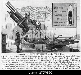 Illustrated Armament Description, British Newspaper - United Kingdom, Second World war : das Bild ist eine schwarz-weiße Darstellung einer britischen 9,2-Zoll-Haubitze und ihrer Hülle. Die Haubitze, ein großes Artilleriestück mit einem Fass und Innengewehre, wird von einer massiven Stahlschale mit einer Sicherung und einem Papierrohr begleitet. Die Haubitze, die von einer vierköpfigen Besatzung betrieben wird, kann ihre Hülle acht Meilen werfen. Er verfügt über einen Rückstoßschieber, Rekuperator und Rückstoßzylinder sowie über eine Entlüftung, ein Hub- und Verfahrgetriebe und einen Fundamentring. Die Haubitze verfügt auch über eine Plattform zum Beladen, die für die Schale bereit ist Stockfoto