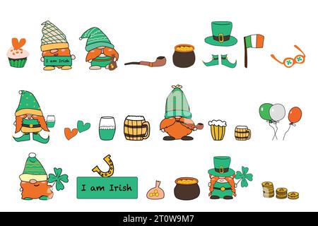 St. Patrick Day Charaktere Gnome und Töpfe, Bier Stock Vektor