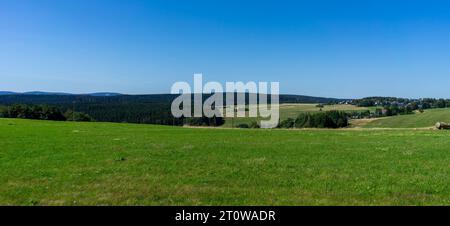 Panoramalandschaft Thüringer Wald mit Wiese und blauem Himmel Stockfoto