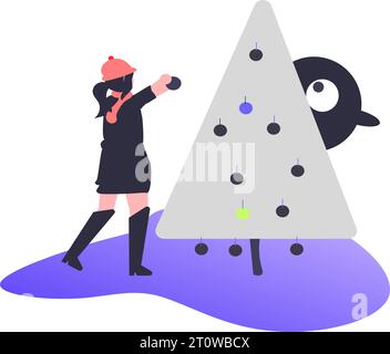 Mädchen in schwarzem Mantel und rotem Hut mit einem Weihnachtsbaum in den Händen. Stock Vektor