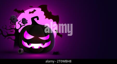 Halloween-Abend Hintergrund mit Kürbis, Fledermäusen und Geistern. Vektorabbildung Stock Vektor