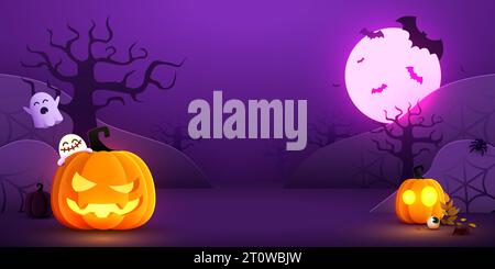 Halloween-Nacht Hintergrund mit Kürbissen, Bäumen, Fledermäusen und Geistern. Vektorabbildung Stock Vektor