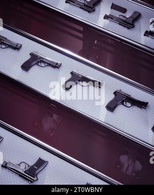 Förderband mit frisch gefertigten Handfeuerwaffen. Halbautomatische Pistolen Massenproduktion für zivile Selbstverteidigung, Militärangehörige oder Polizei. Dies Stockfoto