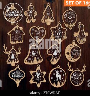 Diese mehrschichtigen Weihnachtsdekorationen aus Holz und Acryl sind exquisite Dekorationsstücke, die den festlichen Geist des Weihnachtsfestes verkörpern. Stock Vektor