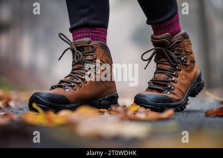 Wanderschuh auf der Straße mit Herbstlaub. Wasserdichte Knöchelstiefel aus Leder Stockfoto