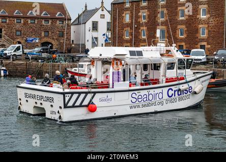 Seafari-Touristenboot, das nach einer Lockdown der Pandemie den Hafen von North Berwick verlässt. East Lothian, Schottland, Großbritannien Stockfoto