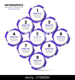 Infografik-Vorlage mit Symbolen und 9 Optionen oder Schritten. Kann für Workflow-Layout, Diagramm, Banner, webdesign verwendet werden. Vektorgrafik Stock Vektor