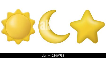 Set aus realistischen Symbolen Sonne, Mond und Sterne. Vektorabbildung. Eps 10. Stock Vektor