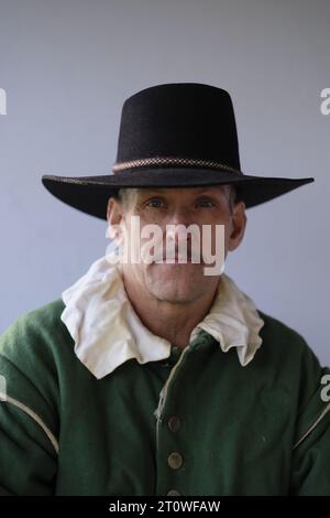 Englisches Bürgerkriegsportrait eines Soldaten des marquess of Winchester Regiments, versiegelter Knoten, englisches Erbe, Gareth clark Fotografie, England, UK Stockfoto