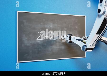 SCI-fi-Konzept des fortschrittlichen futuristischen Roboters, der einfache mathematische Gleichungen schreibt. Stockfoto