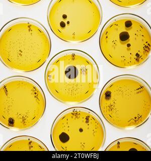 Petrischalen mit gelbem Agar, die kreisförmige Pilz- oder Bakterienkolonien enthalten Stockfoto