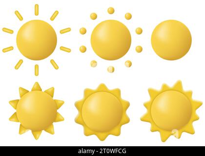 Set aus 3D-Sonnensymbol im minimalistischen Cartoon-Stil. Vektorabbildung. Eps 10. Stock Vektor