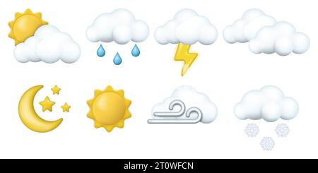 Set mit 3D-Rendering-Meteorologie-Symbolen. Wetterbedingungen und verschiedene Prognosesymbole. Vektorabbildung. Eps 10. Stock Vektor