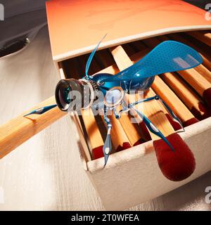 Extrem kleiner Voyeur-Roboter, der auf einer Schachtel Streichhölzer steht. Detaillierte Makroaufnahme. Stockfoto