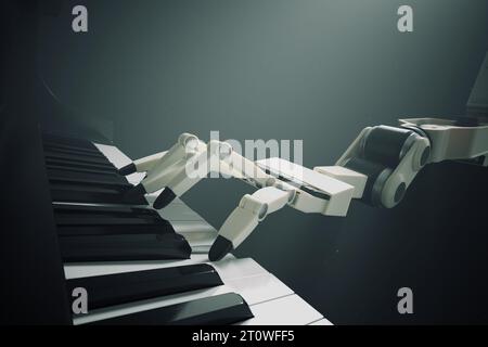 Ein moderner Roboter spielt Musik auf dem Klavier. Die Finger bewegen sich genau. Stockfoto