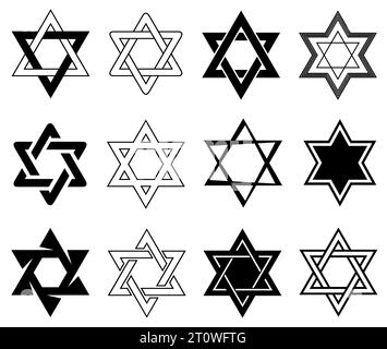 Set mit verschiedenen Illustrationen von Davidstern, isoliert auf Weiß Stockfoto