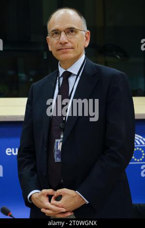 Brüssel, Belgien Oktober 2023. Enrico Letta, ehemaliger Premierminister Italiens, während der Anhörung des Ausschusses für Wirtschaft und Währung des Europäischen Parlaments am 9. Oktober 2023 in Brüssel, Belgien. Quelle: ALEXANDROS MICHAILIDIS/Alamy Live News Stockfoto