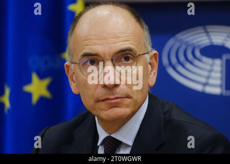 Brüssel, Belgien Oktober 2023. Enrico Letta, ehemaliger Premierminister Italiens, während der Anhörung des Ausschusses für Wirtschaft und Währung des Europäischen Parlaments am 9. Oktober 2023 in Brüssel, Belgien. Quelle: ALEXANDROS MICHAILIDIS/Alamy Live News Stockfoto