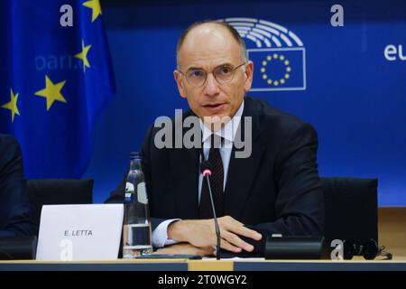 Brüssel, Belgien Oktober 2023. Enrico Letta, ehemaliger Premierminister Italiens, während der Anhörung des Ausschusses für Wirtschaft und Währung des Europäischen Parlaments am 9. Oktober 2023 in Brüssel, Belgien. Quelle: ALEXANDROS MICHAILIDIS/Alamy Live News Stockfoto