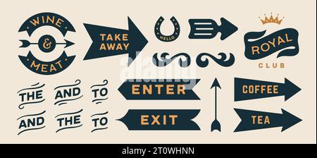 Pfeilsatz. Sammlung Vintage-Zeichen, Pfeil, Symbol und Grafikelement. Designpfeil, Richtungsschild, Symbol für dekoratives Design. Handgezeichnete Grafiken mit Text, Vintage-Grafik. Vektorillustration Stock Vektor