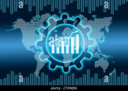 Leuchtende Bestandskarte in Gang und Weltkarte auf blauem virtuellen Bildschirm. Investitions- und Handelskonzept. 3D-Rendering Stockfoto