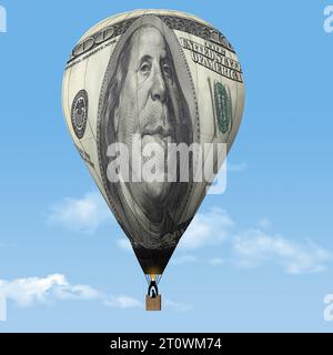 Ein aufgeblähter 100-Dollar-Schein ist in Form eines Heißluftballons in einer 3D-Illustration über die wirtschaftliche Inflation zu sehen. Stockfoto