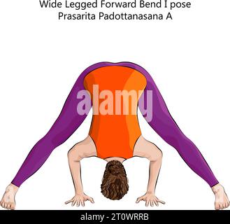 Junge Frau beim Yoga Prasarita Padottanasana A. Weitbeinige Forward Bend Pose. Mittlere Schwierigkeit. Isolierte Vektordarstellung. Stock Vektor