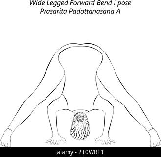 Skizze einer jungen Frau beim Yoga Prasarita Padottanasana A. Weitbeinige Forward Bend Pose. Mittlere Schwierigkeit. Isolierte Vektordarstellung. Stock Vektor