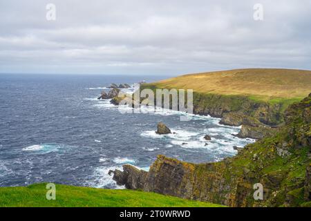 Blick auf die Klippe in Richtung Muckle Flugga Lighthouse, Hermaness National Nature Reserve, Unst, Shetland, Schottland, Großbritannien Stockfoto