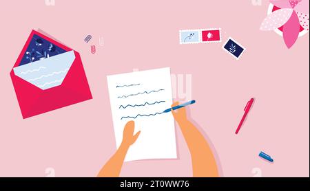 Person, die eine Illustration des Briefes schreibt; Stempel, Stifte und Umschlag Stock Vektor