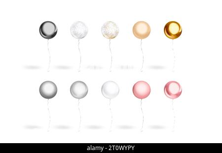 Set für fliegendes Modell mit leerem farbigem Kugelballon, Vorderansicht, 3D-Rendering. Leer transparent, weiß, silber, schwarz, pink, Goldballons spielen sich aus, Isolat Stockfoto