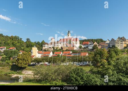 Blick auf die Altstadt von Horb am Neckar mit Dominikanerkloster, Stiftskirche Heilig Kreuz und Schurkenturm, Deutschland Stockfoto