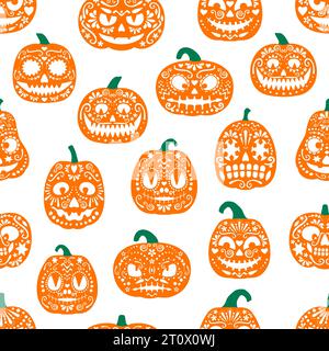Halloween mexikanische Kürbisse nahtloses Muster. Tag der Toten Dia de Los Muertos Feiertagsvektor Hintergrund der orange Kürbisse mit geschnitzten Gesichtern, Lächeln und Papel Picado Papier geschnitten Ornamente Stock Vektor