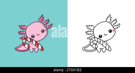 Kawaii Clipart Weihnachten Axolotl Illustration und für Ausmalseite. Lustige Kawaii Xmas Amphibien. Stock Vektor