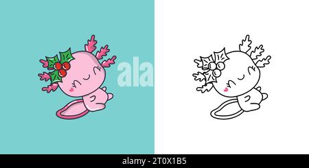 Set Weihnachten Axolotl mehrfarbig und schwarz-weiß. Kawaii Clip Art Christmas Amphibian. Stock Vektor