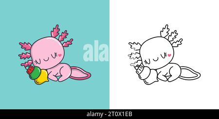 Kawaii Silvester Axolotl Clipart mehrfarbig und schwarz-weiß. Süßes Kawaii-Weihnachtsreptil. Stock Vektor
