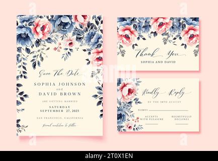 Watercolor Wedding Save the Date Card, rsvp und Dankeskarten mit Vintage-blauen und rosa Blumen. Vektorvorlage. Stock Vektor
