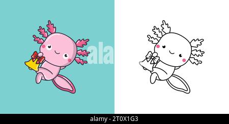 Kawaii Silvester Axolotl Clipart mehrfarbig und schwarz-weiß. Süßes Kawaii-Weihnachtsreptil. Stock Vektor