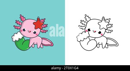 Kawaii Clipart Weihnachten Axolotl Illustration und für Ausmalseite. Lustige Kawaii Xmas Amphibien. Stock Vektor