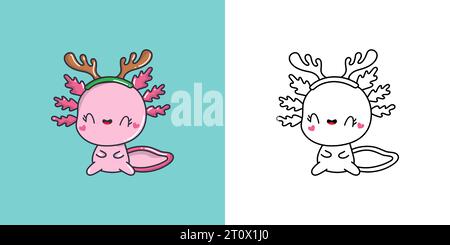 Clipart Christmas Axolotl mehrfarbig und schwarz-weiß. Niedliche Clip Art Neujahr Amphibien. Stock Vektor