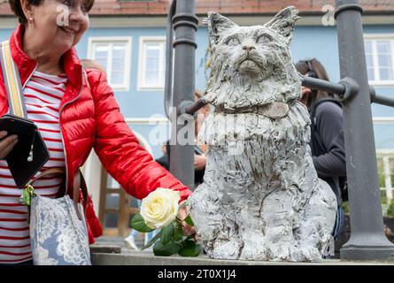 Memmingen, Deutschland. Oktober 2023. Brigitte Heckenrath legt eine weiße Rose am Denkmal der berühmten Katze Chicco. Die Birmanenkatze war in der schwäbischen Stadt bekannt und sehr beliebt. Anfang 2023 starb Chicco. Als Ergebnis wurden Spenden gesammelt und die Memminger-Künstlerin Cornelia Brader fertigte eine Bronzeskulptur der Katze, die ihm am Stadtstrom gedenken wird. Quelle: Stefan Puchner/dpa/Alamy Live News Stockfoto