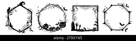 Schwarzes Rahmen-Set für Halloween-Feiertage. Trick oder behandle gruselige Silhouetten Vektorgrenzen mit Horrorkürbissen, Fledermäusen, Hexenhut und Katze. Spinnennetz, Friedhof-Grabsteine, Zombie-Hand- und Schädelrahmen-Vorlagen Stock Vektor