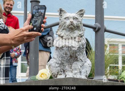 Memmingen, Deutschland. Oktober 2023. Eine Frau fotografiert das Denkmal der berühmten Katze Chicco, die auf einer Mauer am Stadtbach sitzt. Die burmesische Katze war in der schwäbischen Stadt bekannt und sehr beliebt. Anfang 2023 starb Chicco. Als Ergebnis wurden Spenden gesammelt und die Memminger-Künstlerin Cornelia Brader fertigte eine Bronzeskulptur der Katze an, um an ihn zu erinnern. Quelle: Stefan Puchner/dpa/Alamy Live News Stockfoto