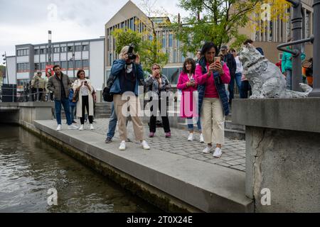 Memmingen, Deutschland. Oktober 2023. Das Denkmal für die berühmte Katze Chicco ist ein beliebtes Fotomotiv an der Mauer am Stadtstrom. Die burmesische Katze war in der schwäbischen Stadt bekannt und sehr beliebt. Anfang 2023 starb Chicco. Als Ergebnis wurden Spenden gesammelt und die Memmingener Künstlerin Cornelia Brader fertigte eine Bronzeskulptur der Katze, um an ihn zu erinnern. Quelle: Stefan Puchner/dpa/Alamy Live News Stockfoto