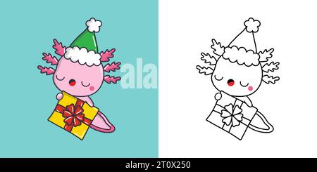 Kawaii Xmas Axolotl mehrfarbig und schwarz-weiß. Wunderschönes Clip Art Weihnachtsreptil. Stock Vektor